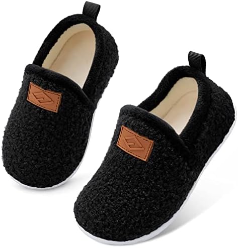Lefflow Toddler Slippers Socks Boys Girl Walking House Bedroom Shoes Cute Fleece Outdoor Slipper 18-24 Months Black Size 6