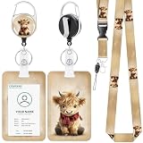 Anseal Highland Cow Lanyards for Id Badges Holder, Retractable Name Tag Holder with Keychain, Vertical Id Credit Card Holder Badge Reel for Nurse Teacher Studentfor