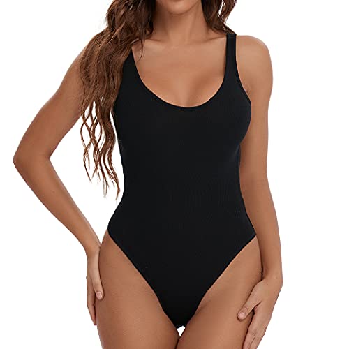Joyshaper Tank Top Bodysuit For Women Sexy Scoop Neck Bodysuits Tops Sleeveless Jumpsuits Ribbed Casual Leotard One Piece (Black, Large) #TOP18