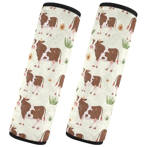 Seat Belt Covers 2 Pack Cow Grass Car Seat Strap Covers Super Soft Brown White Car Seat Neck Cover for Boys Girls Adults Babies M