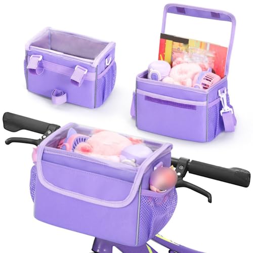 Helilyco Kids Bike Front Basket Waterproof Cloth with Shoulder Strap, Vibrant Handlebar Storage Bag for Tricycle Balance Bike Scooter
