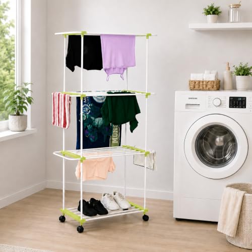 Image of FLIPZON Premium 3 Tier Flexri Cloth Drying Stand with Wheels | Alloy Steel Laundry Rack for Indoor & Outdoor Use | Heavy Duty Multi Layer Stand for Family Laundry (Green & White)