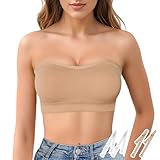 Sexy Code 1701 Women's Strapless Bra with Clear Straps, Padded Sports Bandeau Non-Slip Silicone Wireless Tube Top Bra(D389+D259-Beige-M
