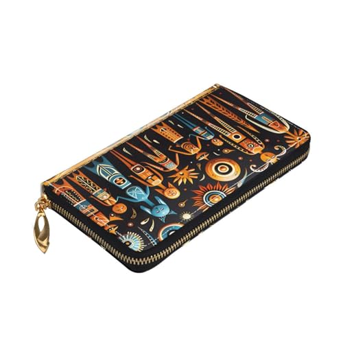 Leather Women Wallets, Long Credit Card Holder, Primitive Totem Print Billfold Clutch & Travel Purse Large Capacity3