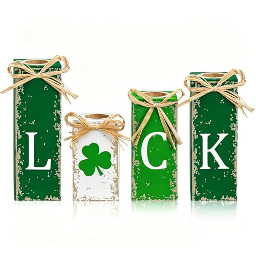 MTLEE 4 Pcs St Patricks Day Votive Candle Holders Wood Tealights Wooden Candles Shamrock Centerpiece Table Decorations for St Patricks Day Home Decor by MTLEE - Used condition - US$14.12