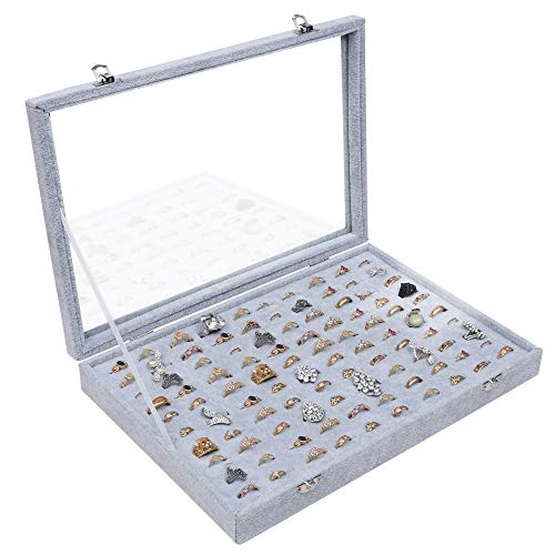 BELLE VOUS, Expositor para anéis com 100 ranhuras, tampa de vidro e fecho, organizador de anéis e botões de punho em cinzento, 35,4 cm de comprimento, 24,4 cm de largura