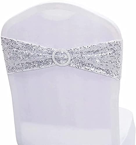 NC Sequin Chair Sashes Spandex, Pack of 6 Sequin Stretch with Buckle Chair Bands for Wedding Banquet Birthday Graduation Party Anniversary Prom Celebration Chair Decorations (Silver, 6pcs)