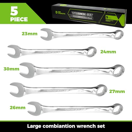Image of Der Erwachte 5Pc Metric Wrench Set, Large wrench set | 23mm,24mm,26mm,27mm,30mm, long big open end combination wrenches, roll-up storage pouch