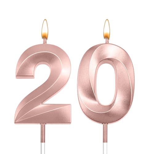 20 Candles for Birthday Cakes Rose Gold 20th Birthday Candles Happy 20th Birthday Decorations for Women Men 20 Cake Topper Twenty Candle for 20 Anniversary