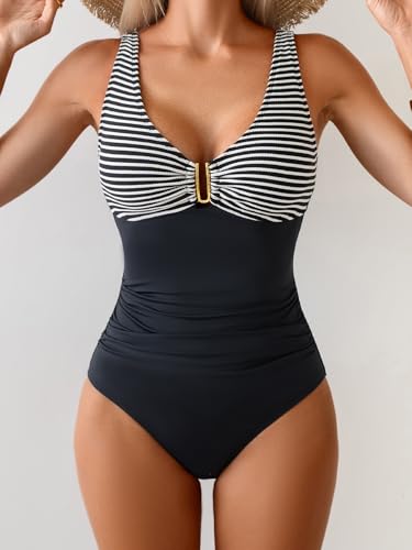 Image of B2prity One Piece Swimsuit for Women Tummy Control Ruched Bathing Suit V Neck Push Up Swimwear