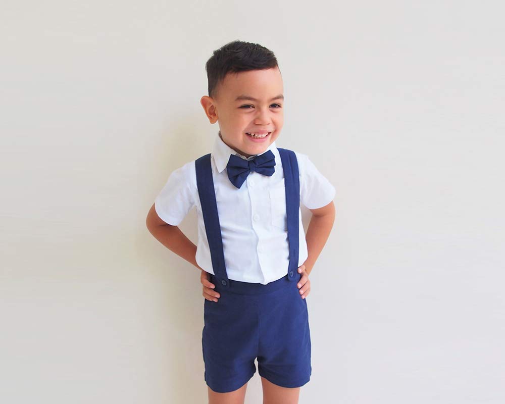 3pcs Boy Suspender Shorts Outfit Navy, Linen Pants, Boy
