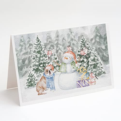 Caroline's Treasures CK8058GCA7P Bulldog Fawn and White Snowman and Christmas Presents Greeting Cards and Envelopes Pack of 8 Blank Cards with Envelopes Whimsical A7 Size 5x7 Blank Note Cards