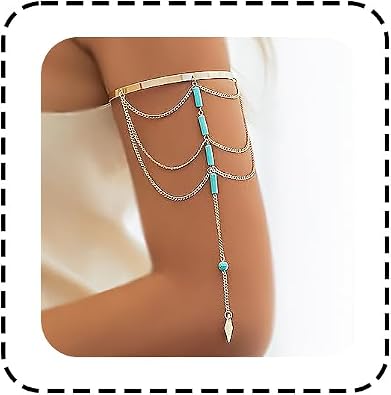 Punk Long Chain Tassel Arm Cuff Boho Turquoise Stone Pendant Arm Bangle Bracelet Vintage Arrow Armlet Open Adjustable Upper Armband Beach Wedding Arm Jewelry for Women