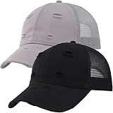 2 Pack Ripped Distressed Soft Trucker Hat Casual Fashion Cute Baseball Cap for Women Men – Vintage Look, Soft Mesh Back, Snapback Adjustable Black/Grey