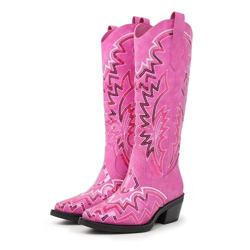 Gemialle Cowboy Boots For Women Classic Sequin Embroidered Mid Calf Western Cowgirl Boots with Chunky Block Heel and Pointed Toe,Fuchsia Synthetic,10