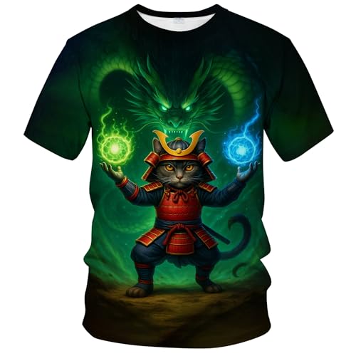 Blissboy Samurai Cat T Shirt for Men Women - Fantasy Warrior Cat with Dragon Graphic Anime Style Tee,Green,M