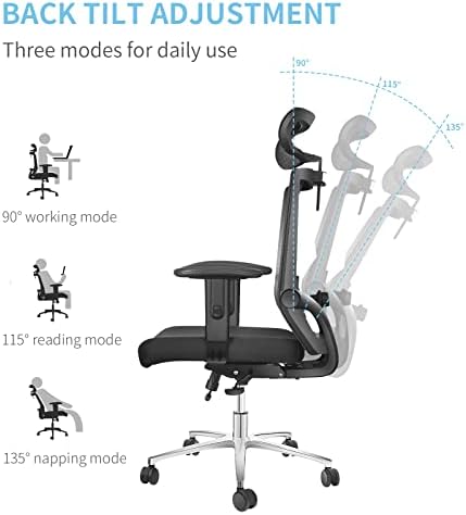 LONGTOO Office Chair, Ergonomic Desk Chair with Adjustable Seat Cushion, Headrest, Armrest and Lumbar Support, Mesh Swivel Executive Chair for Home Office, Black