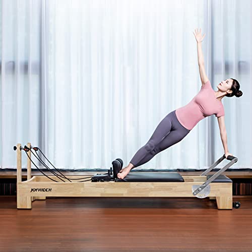 Joyrider Pilates Reformer Machine Equipment Pilates Workout Rubber Wood Series for Home Use Pilates Yoga Studio Workout Equipment with Superfiber PU Leather, Durable Springs, 304 Steel (Black), White