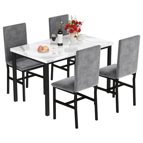 DKLGG Dining Table Set for 4, Faux Marble Kitchen Table and Chairs Set of 4, Modern 5 Piece Dining Table Set with 4 Upholstered Velvet Chairs for Dining Room, Kitchen, Small Spaces