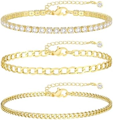 Gold Bracelets for Women, 14K Gold Plated Link Cubic Zirconia Classic Tennis Bracelet, Cuban Chain Dainty Bracelet Pack Jewelry for Women