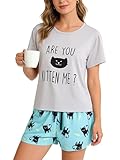 VENTELAN Pajamas for Women 2 Piece Cute Cat Sleepwear Pajama Sleep Set, Grey, Large(USA Size:12-14)