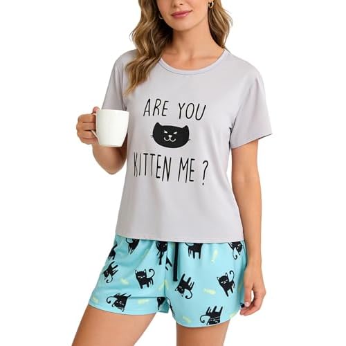 VENTELAN Pajama Set For Women Cute PJS Summer Short Sleeve Shorts Sleepwear X-Small Grey-blue
