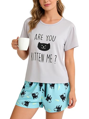 Image of VENTELAN Pajama Set For Women Cute PJS Summer Short Sleeve Shorts Sleepwear