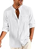 COOFANDY Men's Linen Shirt Long Sleeve Casual Button Down Shirt Yoga Summer Beach Shirt Collarless Shirts