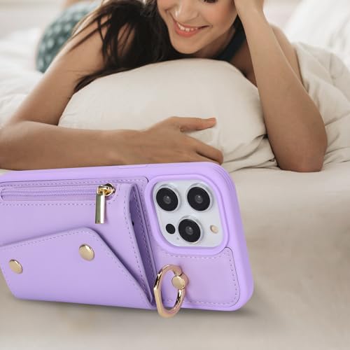 Lipvina for iPhone 14 Pro Case with Card Holder and Strap - Zipper Pocket,Crossbody Lanyard Strap,Credit Card Holder,Stand Ring,Cute Phone Wallet Case for Women(Purple,6.1 Inch) by Lipvina - Image 5