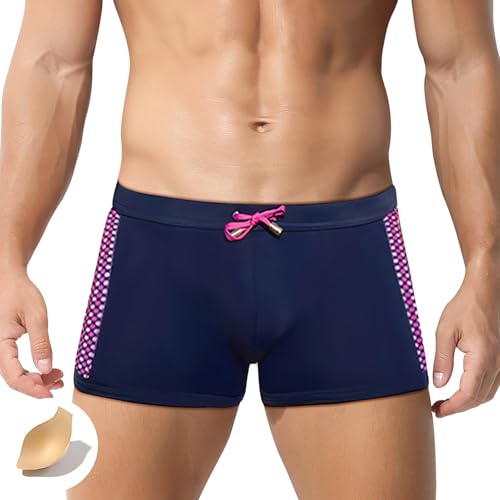 FEOYA Men's Swim Trunk Swimwear Squre Leg 3D Bulge Swim Briefs Quick Dry Athletic Bathing Suit Board Short Sexy Low Rise Boxer Brief with Drawstring Navy Blue Small 2025