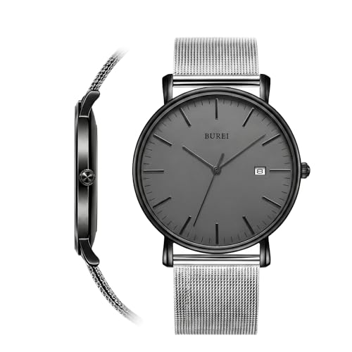 BUREI Ultra Thin Minimalist Men Watch, Stainless Steel Mesh Band,Analog Waterproof Casual Business Wristwatch, Gift for Father