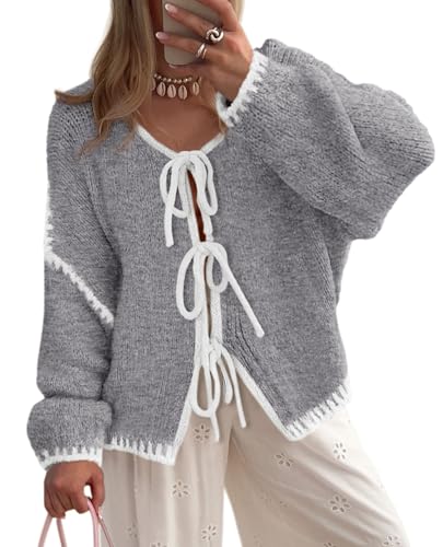 PRETTYGARDEN Women's Tie Front Bow Cardigan Sweaters Chunky Knit Long