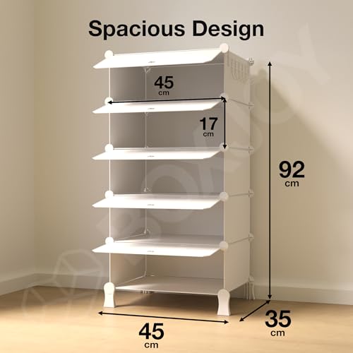 Image of BOXJOY 5 Shelf Plastic Almirah Wardrobe Racks with 5 Doors, Magnets & 5 Hook Steel Holder Clothes Storage Collapsible Foldable Multipurpose Cupboard Organizer for Baby Kids Cloth Bedroom Toys (White)