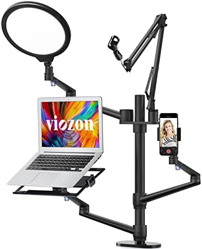 Viozon Selfie Desktop Live Stand Set 6-in-1 10" LED Ring Light Microphone Mount Compatible with 12-17" laptop/17-32'' monitor/7-13 Tablet/3.5-6.7" Phone/Digital Camera DSLR Online Teaching Meeting