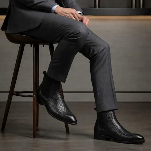 Image of Hayes London Chelsea Boots for Man | Crust Leather Black Ankle Boots | Cuban Heel Pointed Toe Stylish Formal & Casual Boots for Men | Slip-On Elastic Side Panel