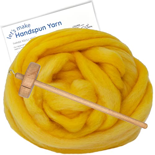Learn to Spin Yarn - Beginner\'s Spinning Kit Includes Drop Spindle, Hand Dyed BFL Wool Roving and Printed Instructions with Video. Color: Yellow
