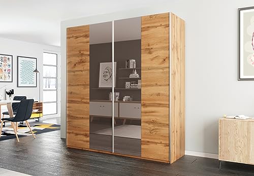 Easy4You Praga Eiche Wotan Schiebetüren Kleiderschrank 200x210x65 cm mit Spiegel - Schlafzimmermöbel, Aufbewahrung – Mehrzweckschrank mit 4 Kleiderstangen