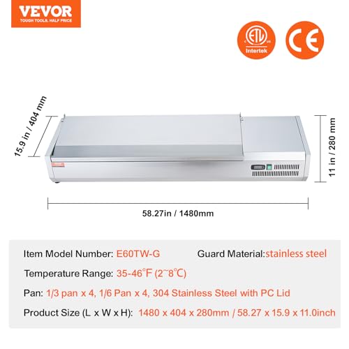 VEVOR Gekühlte Gewürzstation für die Arbeitsplatte, Zubereitungsstation mit 4 x 1/3 Pfanne & 4 x 1/6 Pfannen, Korpus aus Edelstahl 304 und Deckel aus PC, Sandwich-Zubereitungstisch mit Edelstahlschutz