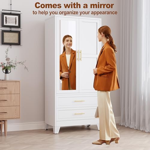 RIETERN Metal Armoire Wardrobe Closet, 71\" Tall Bedroom Closet with Mirror, 2 Drawers, Adjustable Shelves, and Hanging Rod, Steel Clothes Closets and Storage, for Bedroom White - Thumbnail 4