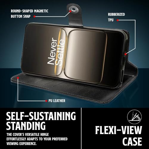 Image of WOW IMAGINE Shock Proof Flip Cover Back Case for 1+ OnePlus Nord CE 5 5G (Magnetic Button Flip Case | Wallet Pockets & Stand | Leather Finish | Haze Black)