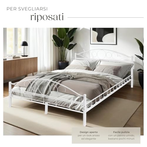 Tectake® Struttura Letto In Metallo Con Rete A Doghe In Legno Di Pioppo Inclusa, Design Romantico, Struttura Robusta, Ideale Per Arredamento Camera Da Letto, 200X140 Cm - Bianco/Bianco - 5