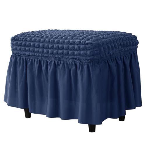 ZRCYXDW Ottoman Cover Rectangle, Seersucker Ottoman Slipcover Stretch Soft Foot Stool Cover with Skirt Footrest Stool Cover Washable for Pets Living Room-Dark Blue-Small