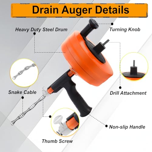 Image of 50FT Drain Auger with Drill Adapter, Manual or Powered Drain Snake | Plumbing Clog Remover, Flexible Cable, Manual Crank or Drill Operation, Kitchen Bathtub Shower Drains