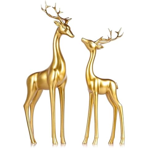 QIANLING 2Pcs Large Gold Reindeer Figurines Christmas Decorations - 13" Tall Resin Deer Statues for Tabletop, Mantel, or Shelf, Indoor Gold Reindeer Sculpture Ornaments for Home Decor Cover