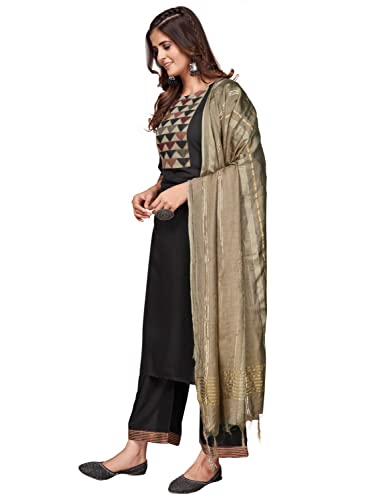 Image of Vbuyz Women's Cotton Blend Solid Straight Stitched Kurta Palazzo with Dupatta (VF-KU-1882-SKD-40 Black Large)