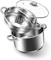 ASKSCICI 4 Quart 18/10 Stainless Steel Tri-Ply Stockpot with Tempered Glass Lid and Multipurpose Steamer Insert - Compatible with All Cooktops, Non-Toxic, Oven and Dishwasher Safe Silver Steamer Pot