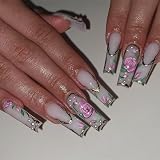Uñas postizas brillantes con diseño de flores retro, uñas largas a presión, puntas francesas, decoración de uñas para mujeres y niñas, manicura, 24 piezas
