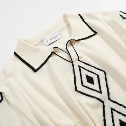 OXKNIT Mens White Apricot 60s V-Neck Polo Shirt Rhombic Pattern Knit Golf Polo3