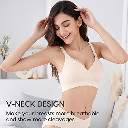 Vinfact 3 Pack Nursing Bras for Breastfeeding Seamless V Neck Maternity Bra Women Pregnancy Breastfeeding Bra - L,Black/Nude/Pink