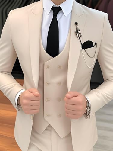 Mens Slim Fit Suit 3 Piece Solid Double-Breasted Casual Business Blazer Set for Weddings Party Tuxedo Jacket Pants4